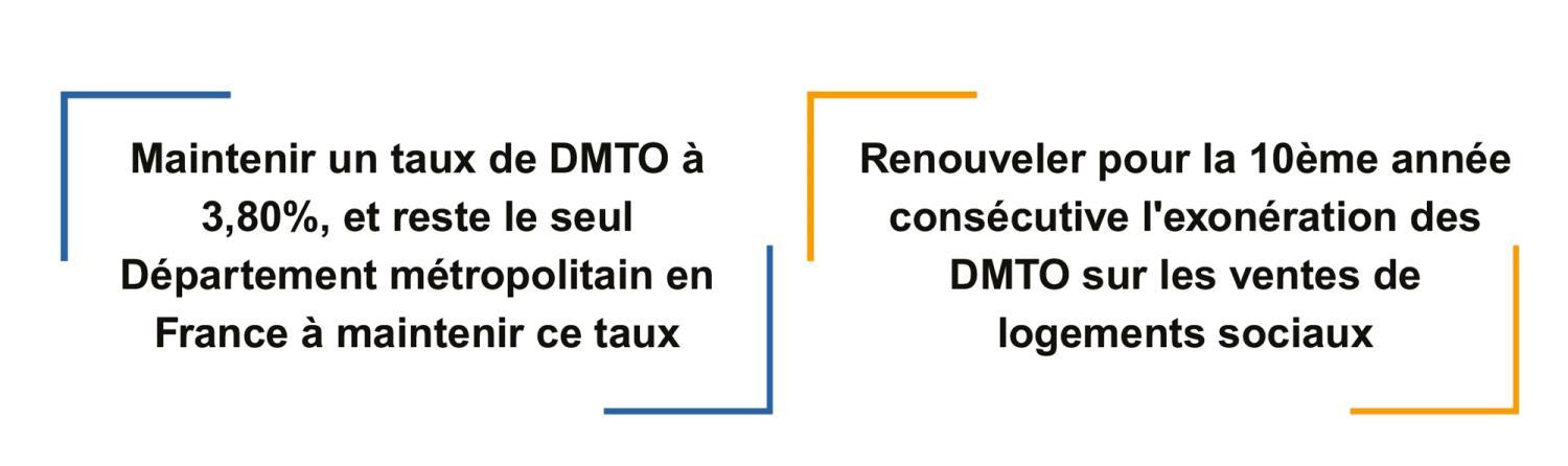 Maintenir un taux de DMTO à 3,80%, et reste le seul Département métropolitain en France à maintenir ce taux Renouveler pour la 10ème année consécutive l'exonération des DMTO sur les ventes de logements sociaux - Agrandir l'image - fenêtre modale