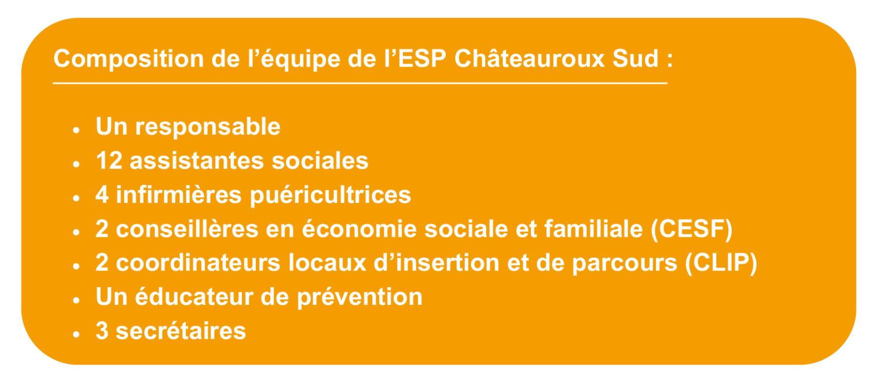 Composition de l’équipe de l’ESP Châteauroux Sud : Un responsable 12 assistantes sociales 4 infirmières puéricultrices 2 conseillères en économie sociale et familiale (CESF) 2 coordinateurs locaux d’insertion et de parcours (CLIP) Un éducateur de prévention 3 secrétaires - Agrandir l'image - fenêtre modale