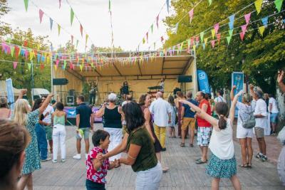 public qui danse devant des musiciens sur une scène - Agrandir l'image 8 sur 12, fenêtre modale